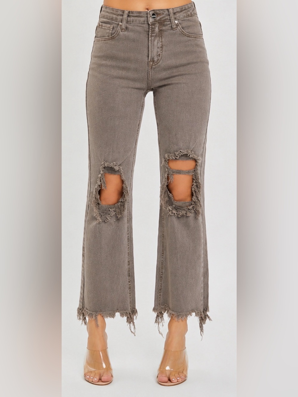 Risen Jeans Distressed Straight Leg Raw Hem Jeans Brown Size 1/25